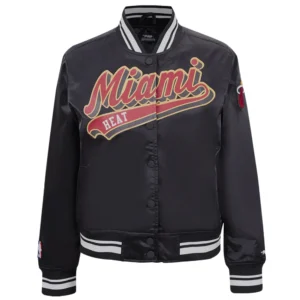 Miami heat script tail womens full snap satin varsity jacket black 2