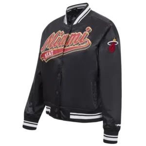 Miami heat script tail womens full snap satin varsity jacket black 3