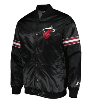 Miami heat starter black pick roll satin full snap black varsity jacket 1