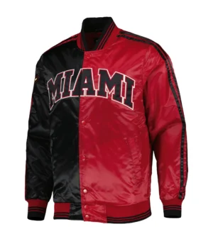Miami heat starter fast break full snap satin black red varsity jacket 1