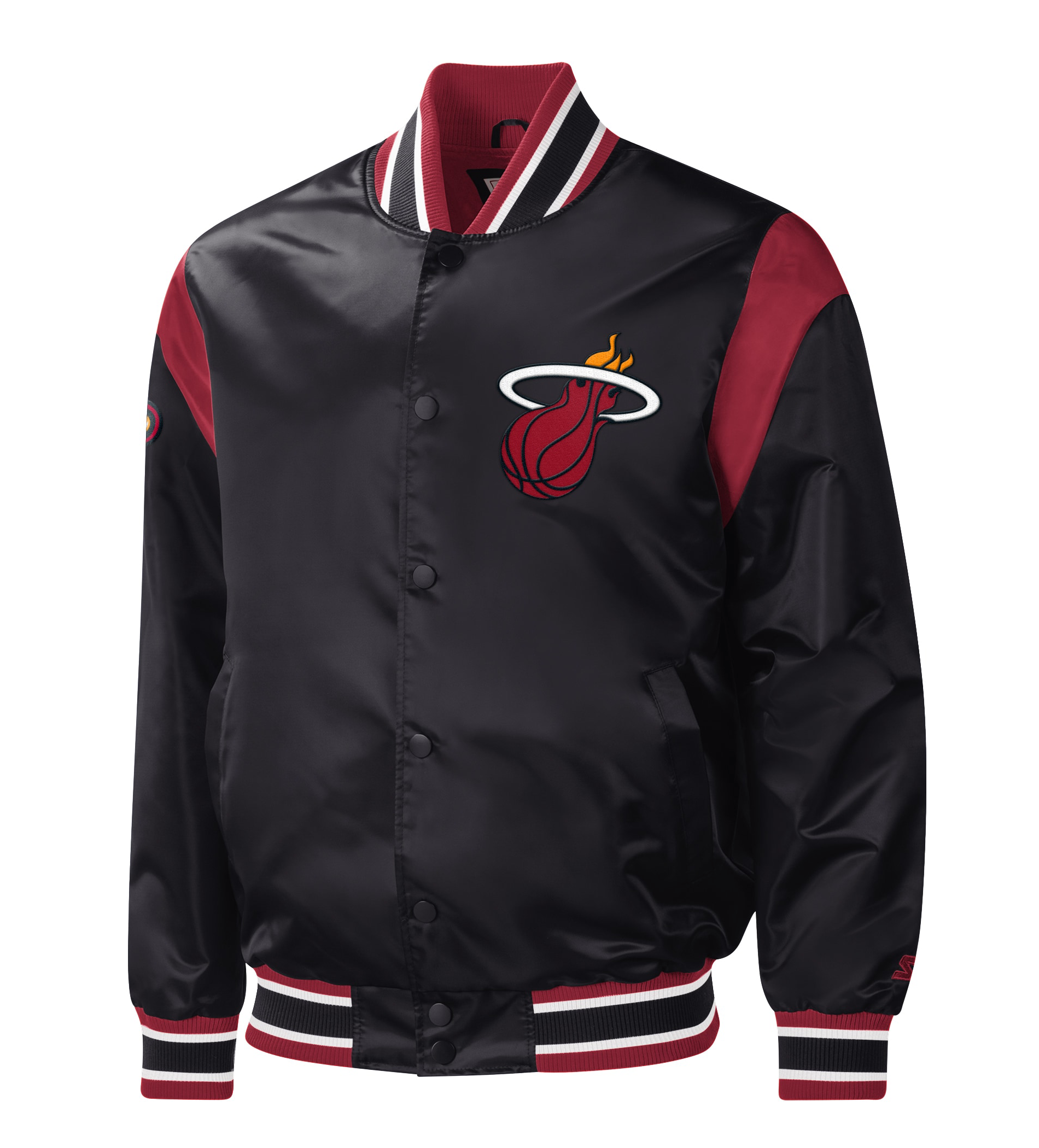 Miami heat starter force play full snap black satin varsity jacket 1