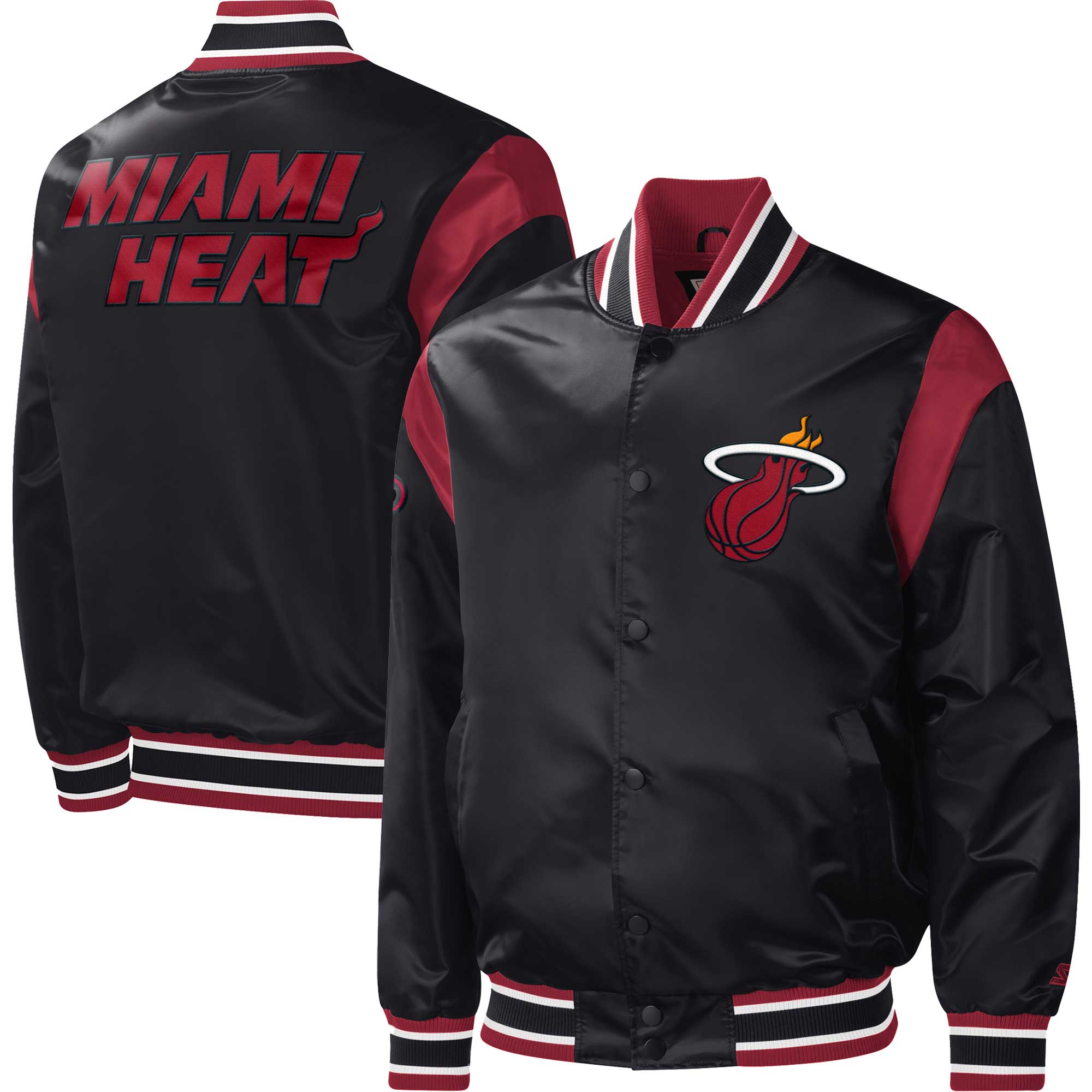 Miami heat starter force play full snap black satin varsity jacket 3