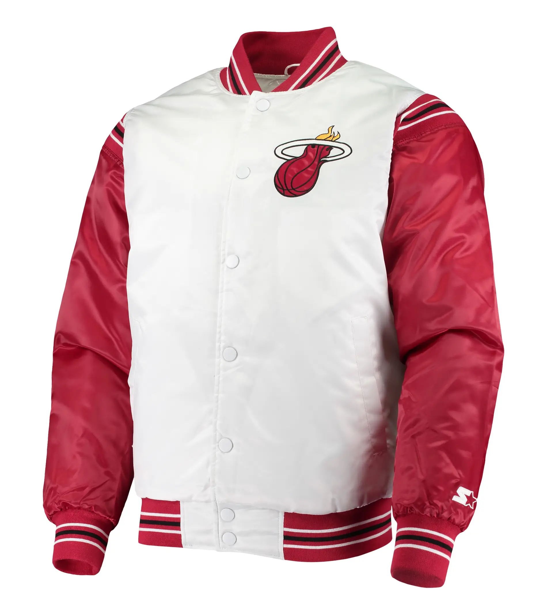 Miami heat starter renegade full snap satin white red varsity jacket 1