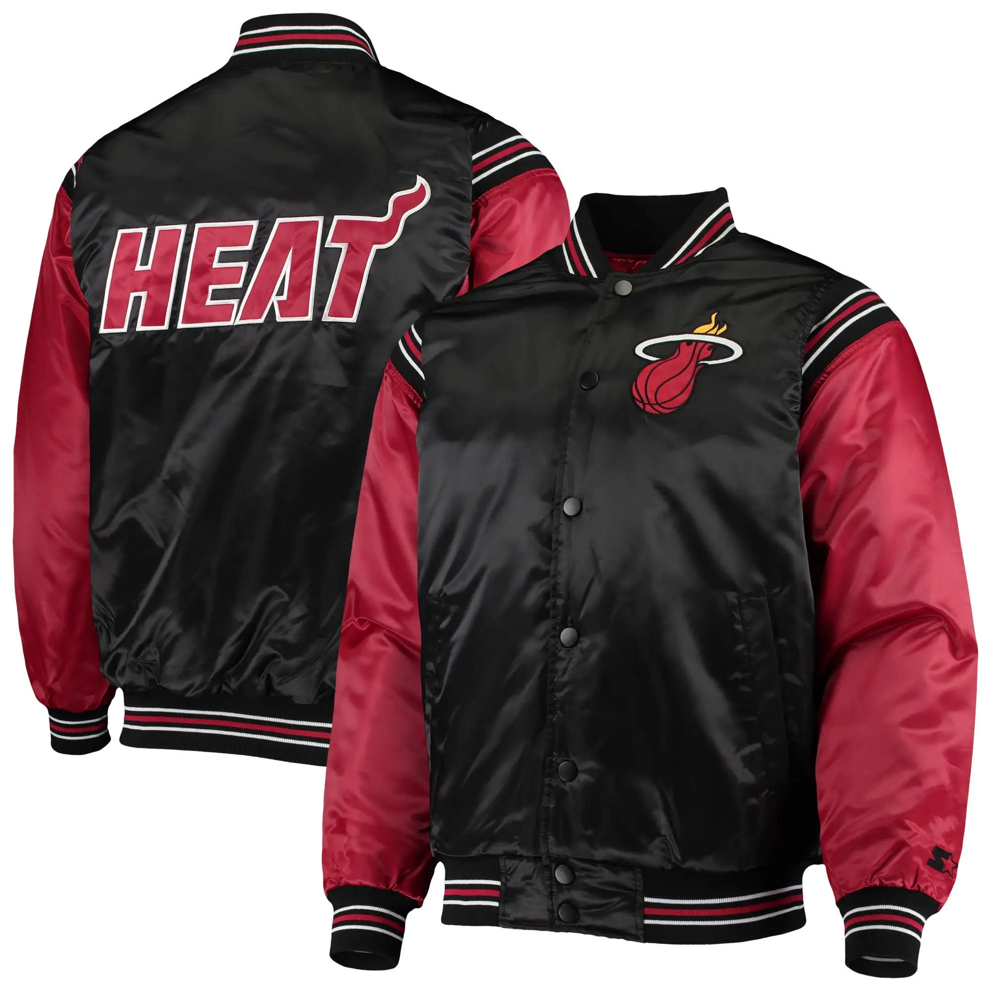 Miami heat starter the enforcer full snap black red satin varsity jacket 4