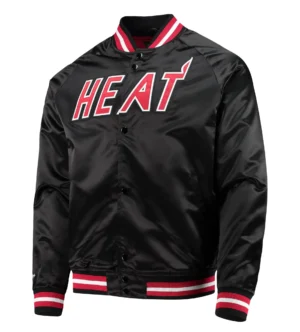 Miami heat throwback wordmark full snap raglan black satin varsity jacket 1