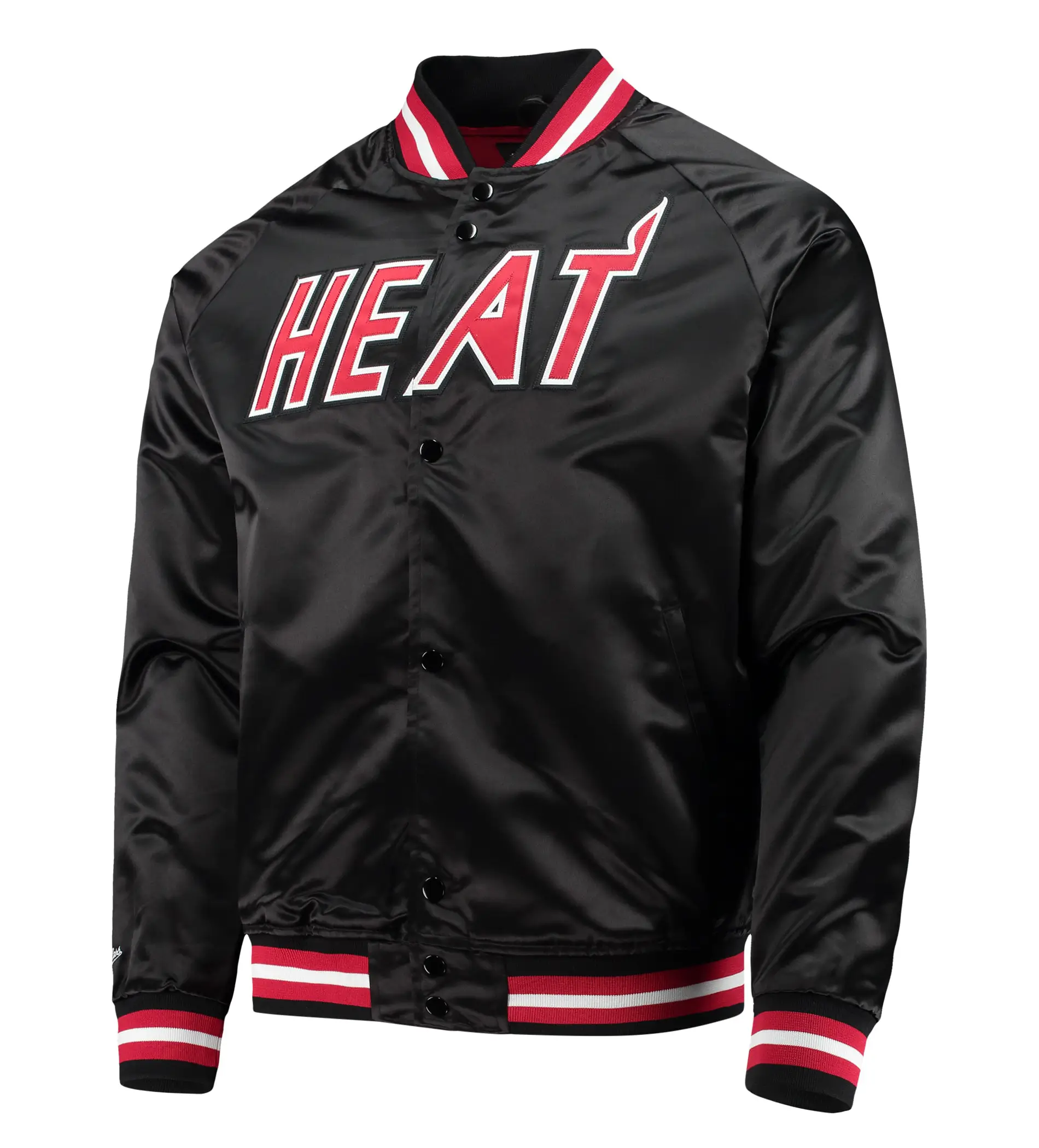 Miami heat throwback wordmark full snap raglan black satin varsity jacket 1