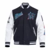 Miami marlins script tail mens rib wool leather varsity blackwhite 1