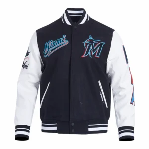 Miami marlins script tail mens rib wool leather varsity blackwhite 1
