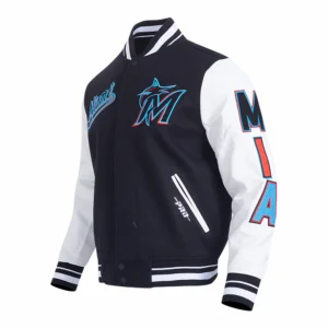 Miami marlins script tail mens rib wool leather varsity blackwhite 2