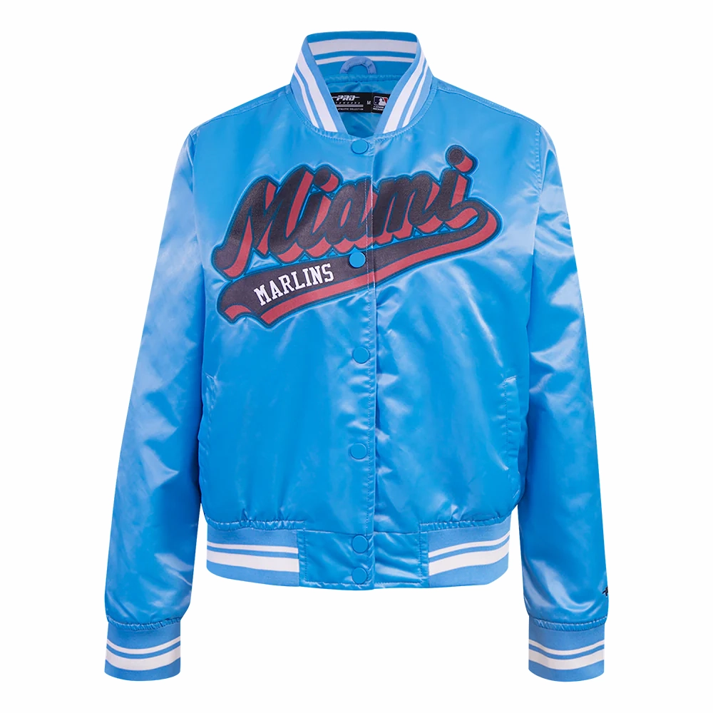 Miami marlins script tail womens satin varsity jacket blue 1