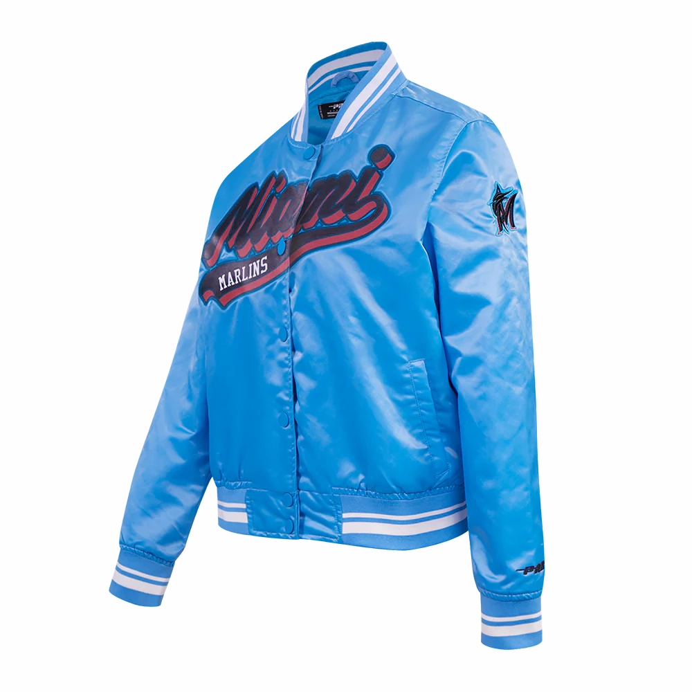 Miami marlins script tail womens satin varsity jacket blue 2