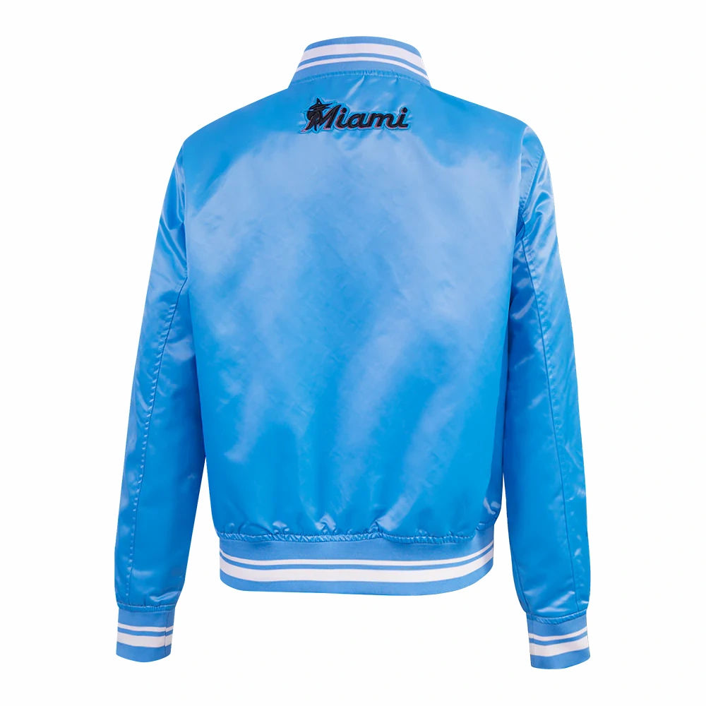 Miami marlins script tail womens satin varsity jacket blue 3