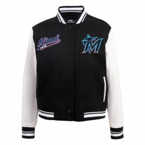 Miami marlins script tail womens wool leather varsity jacket blackwhite 1