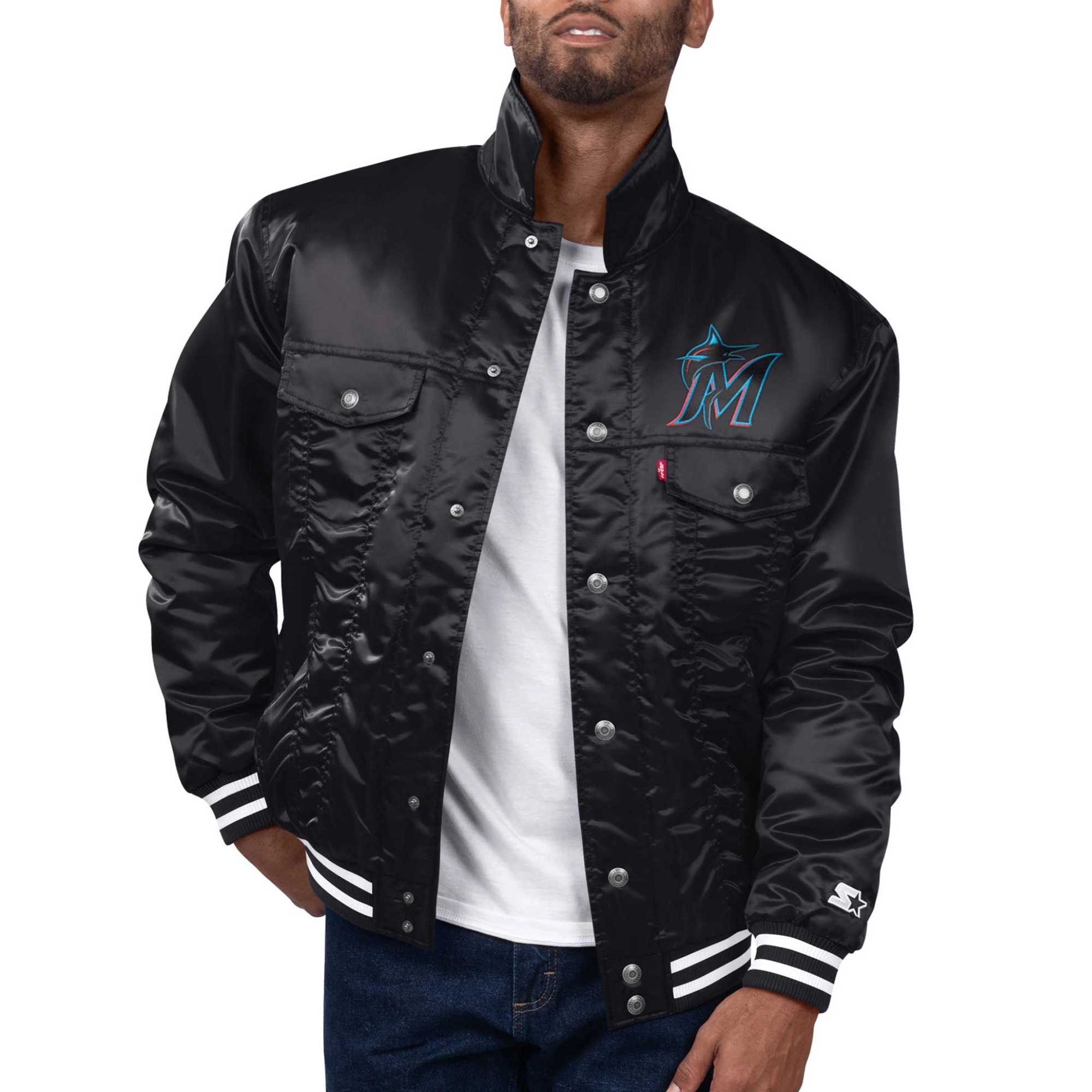 Miami marlins silver tab trucker satin varsity jacket black 2 1