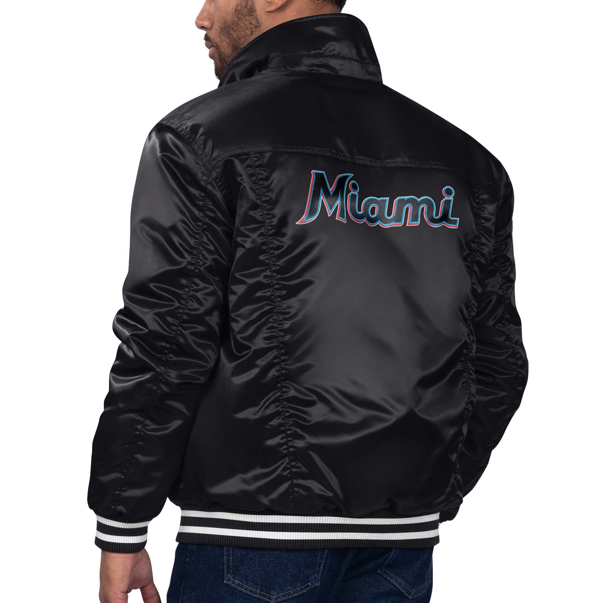 Miami marlins silver tab trucker satin varsity jacket black 3 1