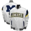 Michigan wolverines power white full snap satin varsity jacket