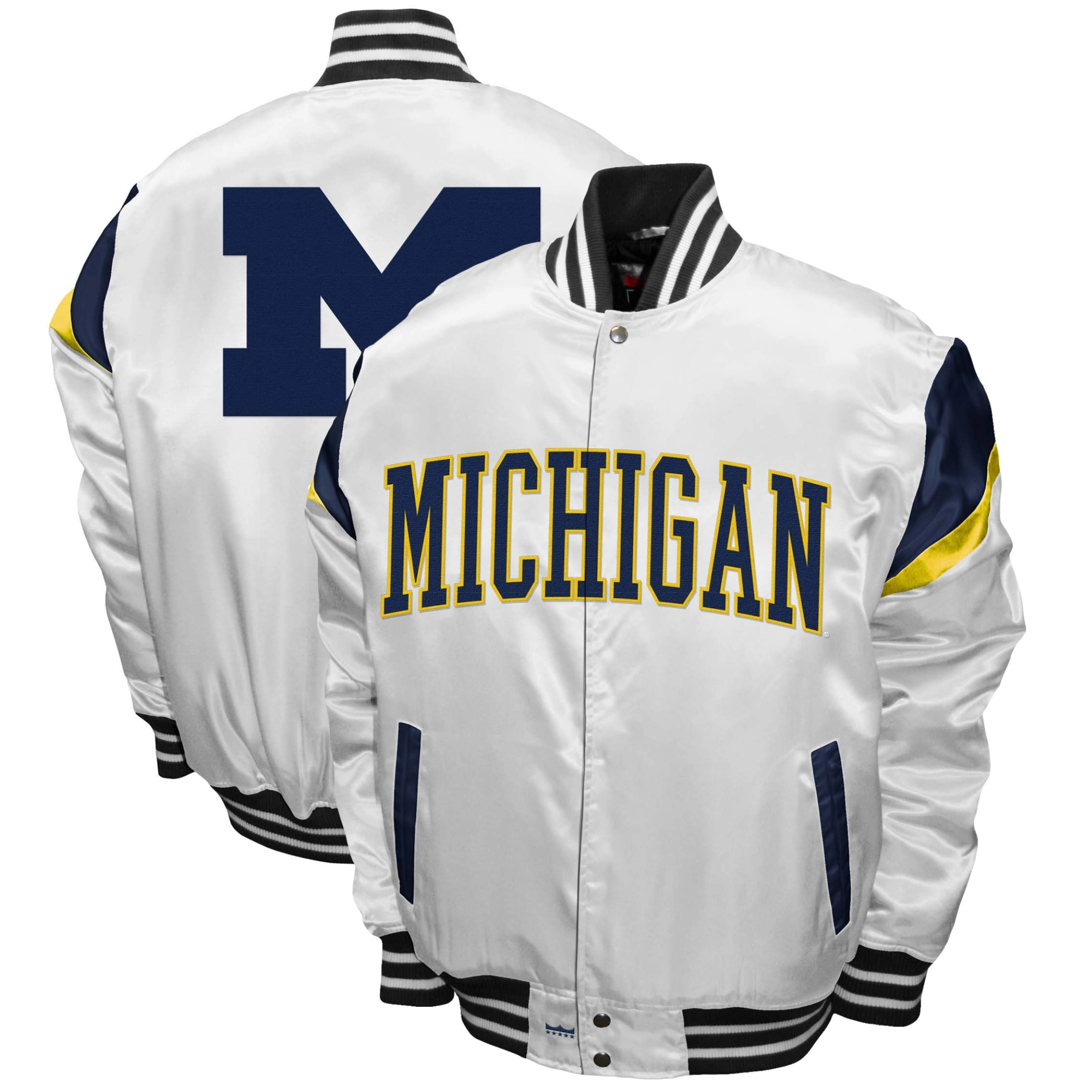 Michigan wolverines power white full snap satin varsity jacket
