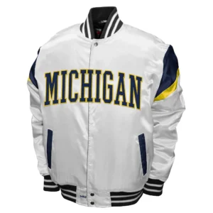 Michigan wolverines power white satin varsity jacket