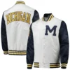 Michigan wolverines the legend whitenavy full snap satin varsity jacket