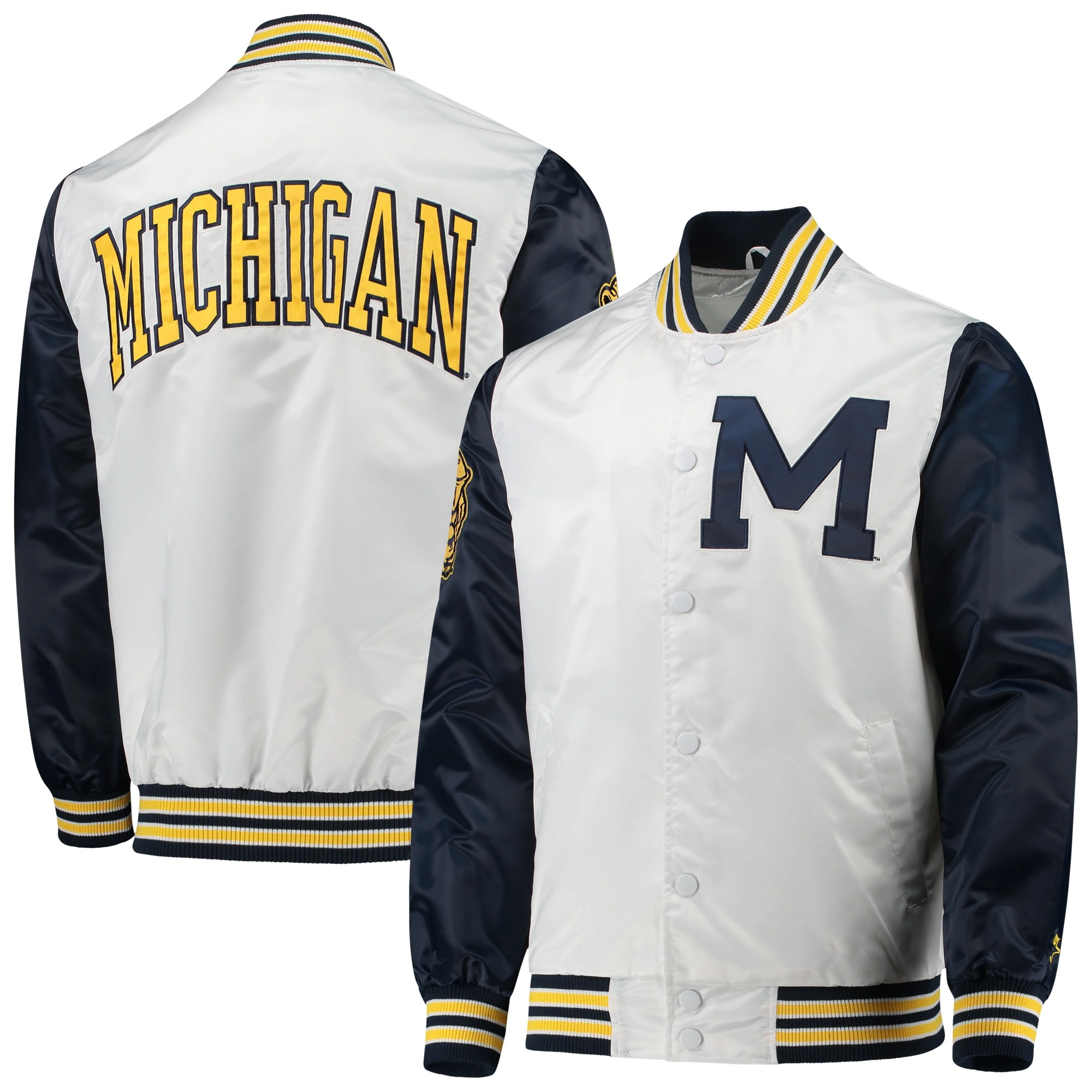 Michigan wolverines the legend whitenavy full snap satin varsity jacket