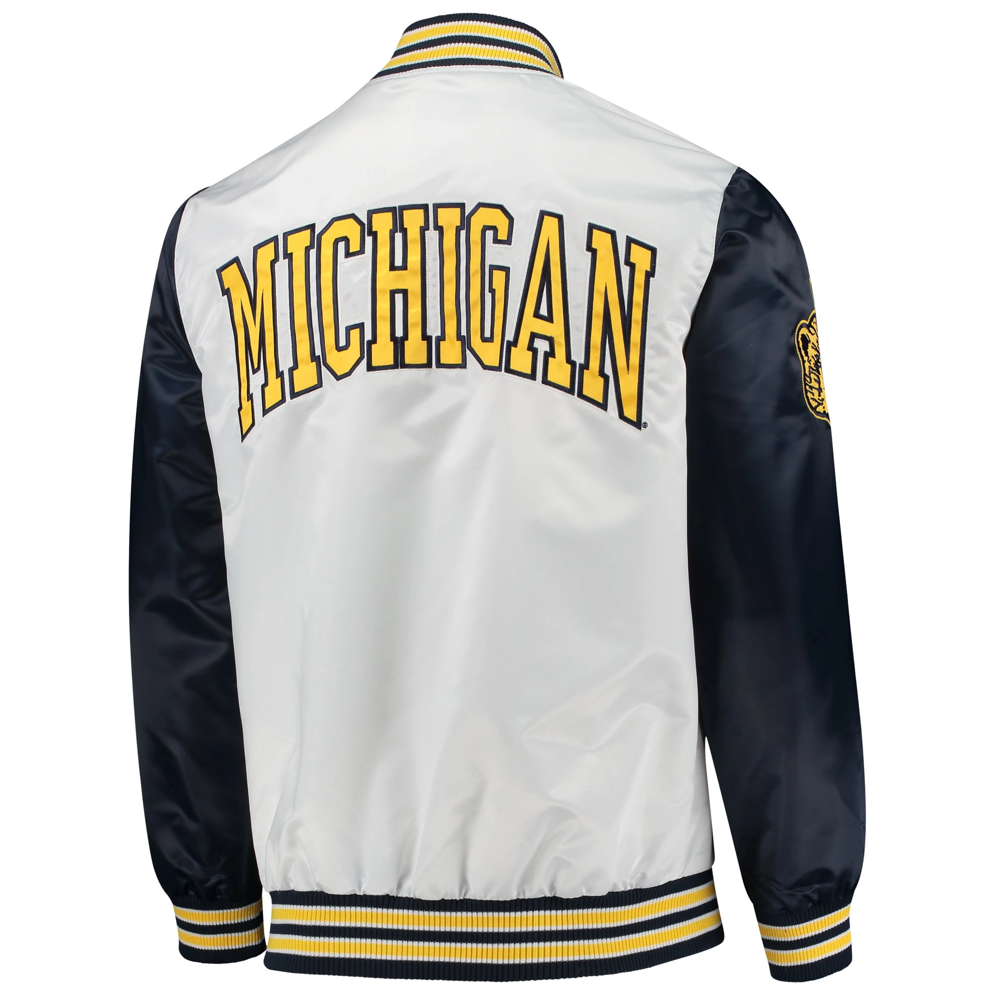 Michigan wolverines the legend whitenavy satin varsity jacket