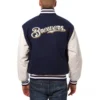 Milwaukee brewers domestic two tone wool leather jacket navy white 01 1