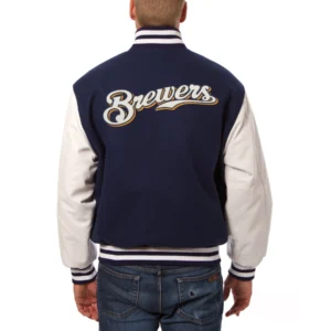 Milwaukee brewers domestic two tone wool leather jacket navy white 01 1