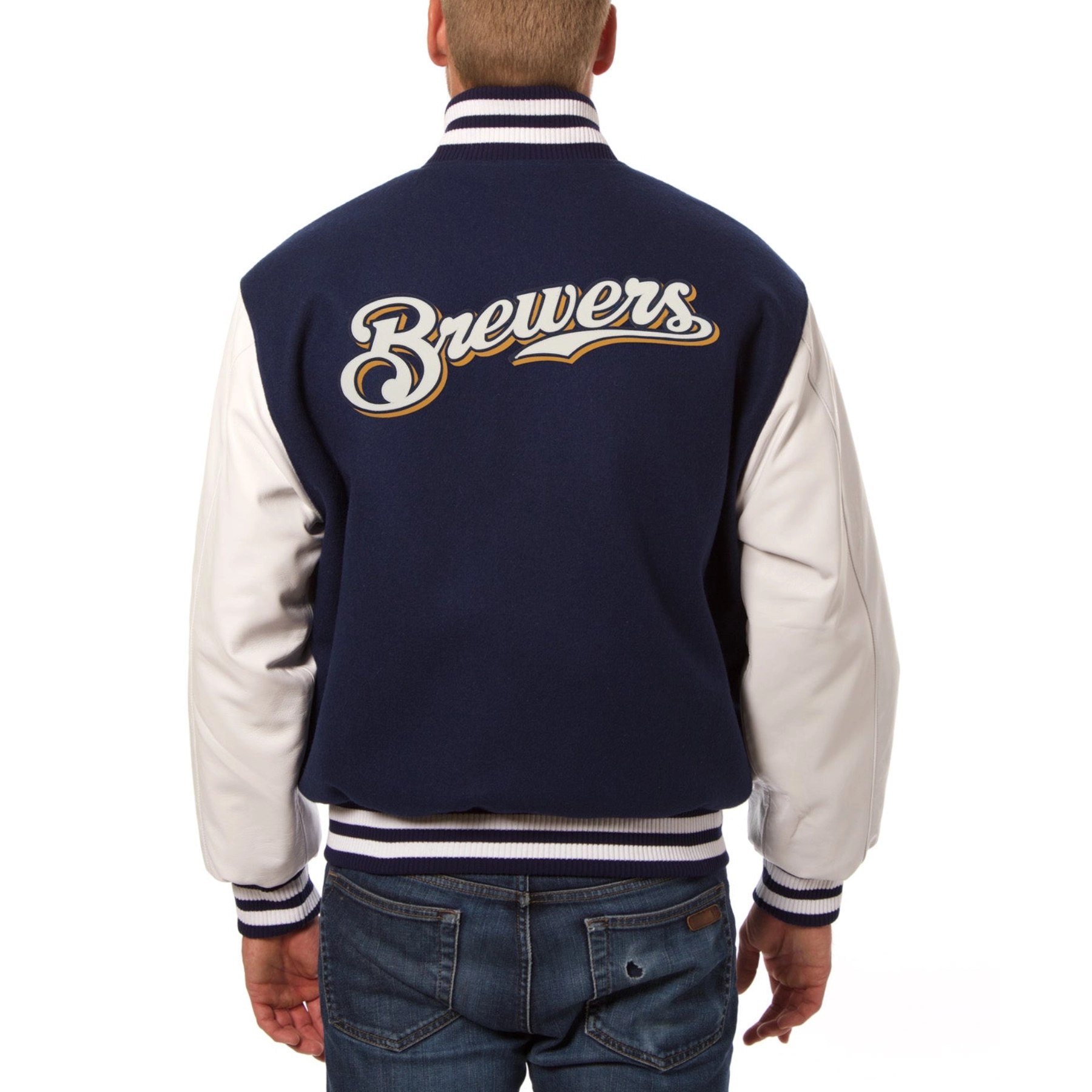 Milwaukee brewers domestic two tone wool leather jacket navy white 01 1