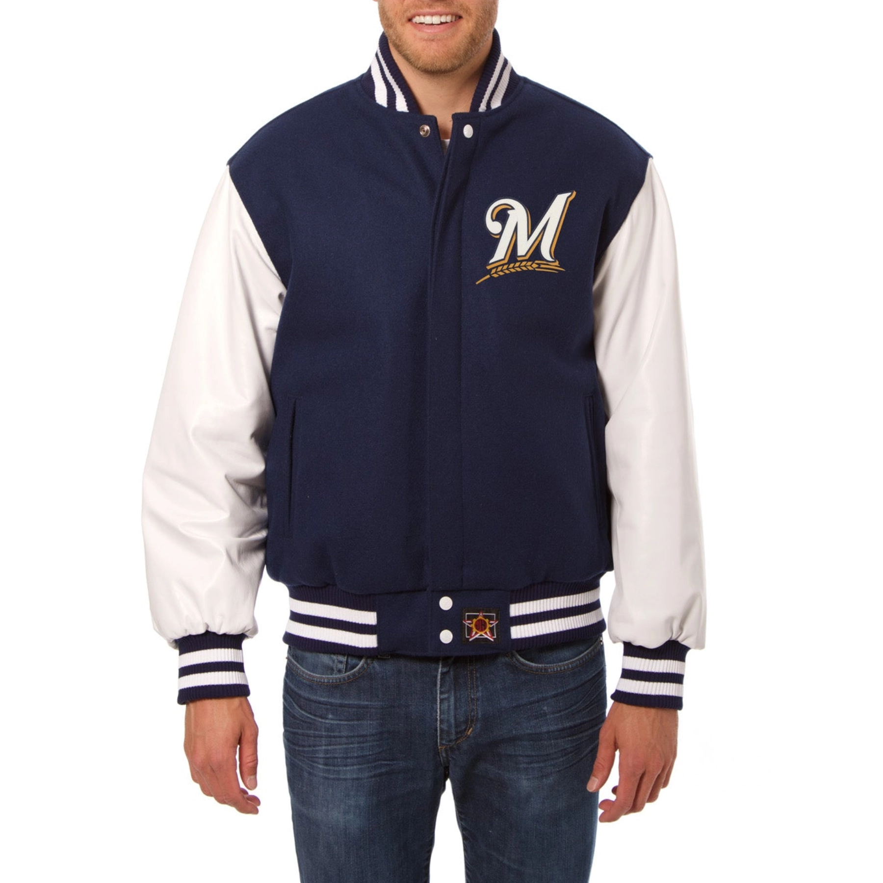 Milwaukee brewers domestic two tone wool leather jacket navy white 1