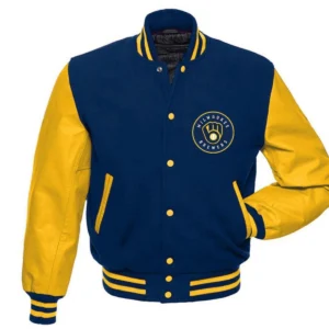 Milwaukee brewers letterman wool leather varsity jacket blueyellow 1 1