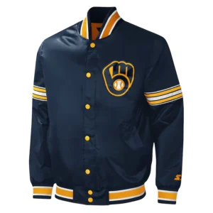 Milwaukee brewers midfield full snap satin varsity jacket navy 1