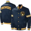 Milwaukee brewers midfield full snap satin varsity jacket navy 4