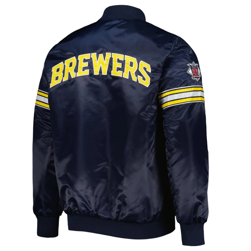 Milwaukee brewers pick roll full snap satin varsity jacket navy 1