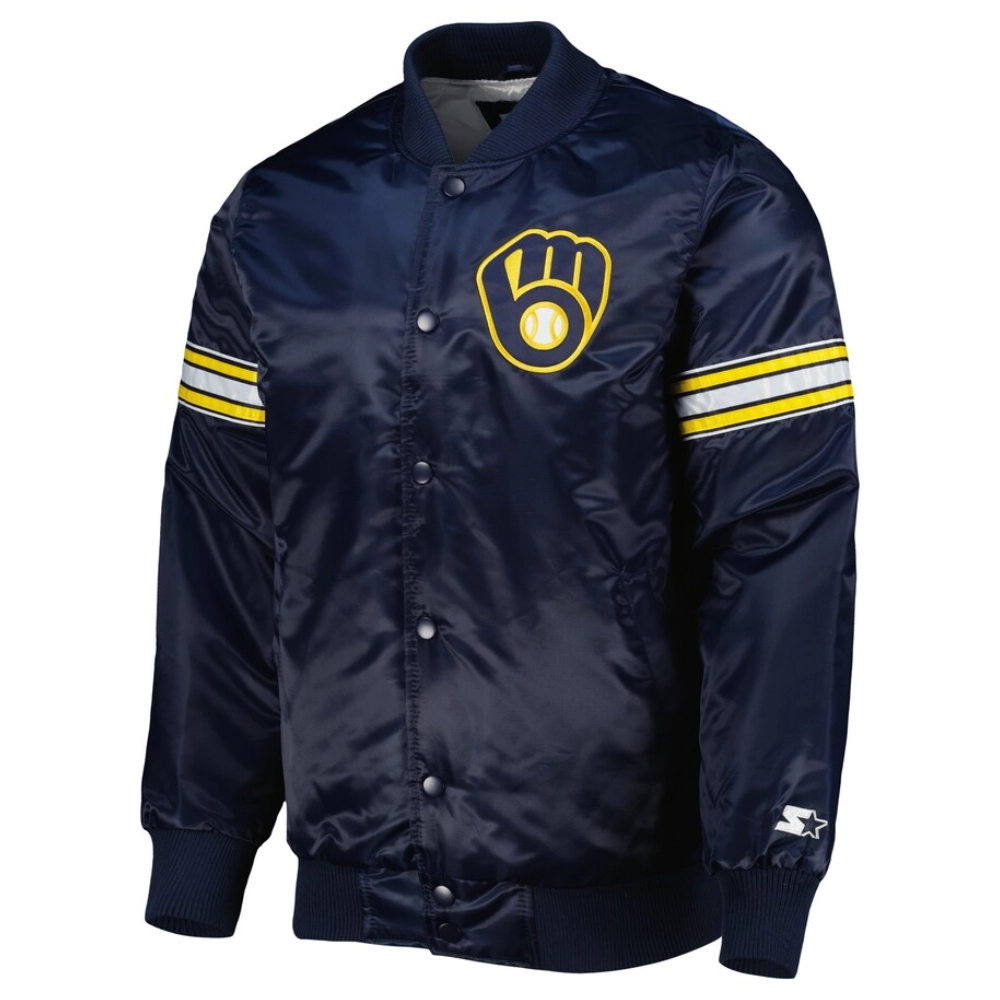 Milwaukee brewers pick roll full snap satin varsity jacket navy 2