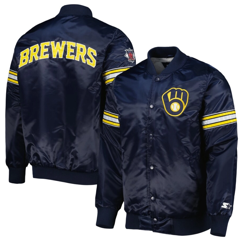 Milwaukee brewers pick roll full snap satin varsity jacket navy 3