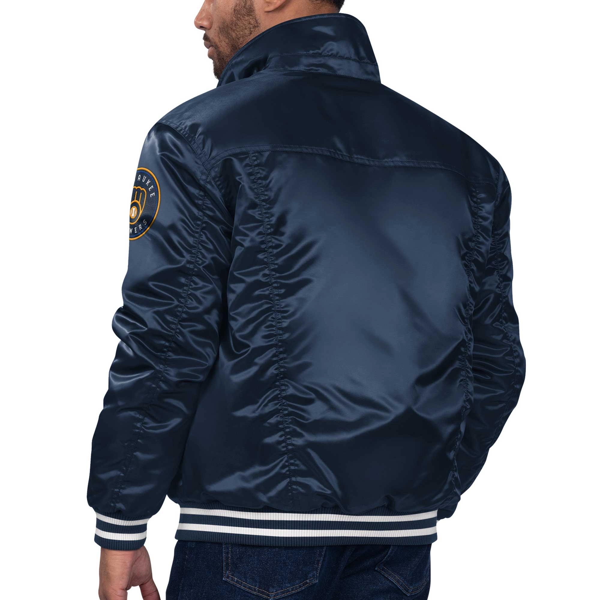 Milwaukee brewers silver tab satin trucker varsity jacket navy 1 1