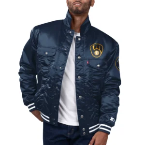 Milwaukee brewers silver tab satin trucker varsity jacket navy 1