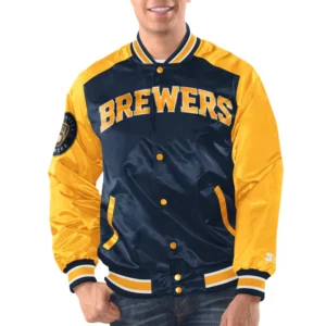 Milwaukee brewers starter renegade satin varsity jacket navy yellow 1