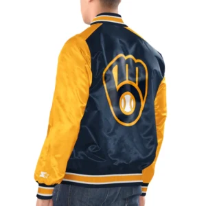Milwaukee brewers starter renegade satin varsity jacket navy yellow
