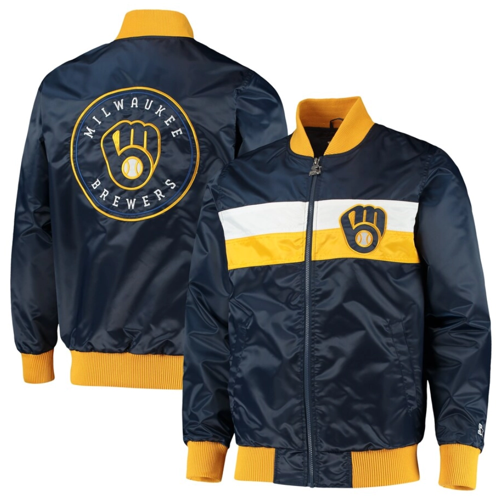 Milwaukee brewers the ambassador satin varsity jacket navy 3