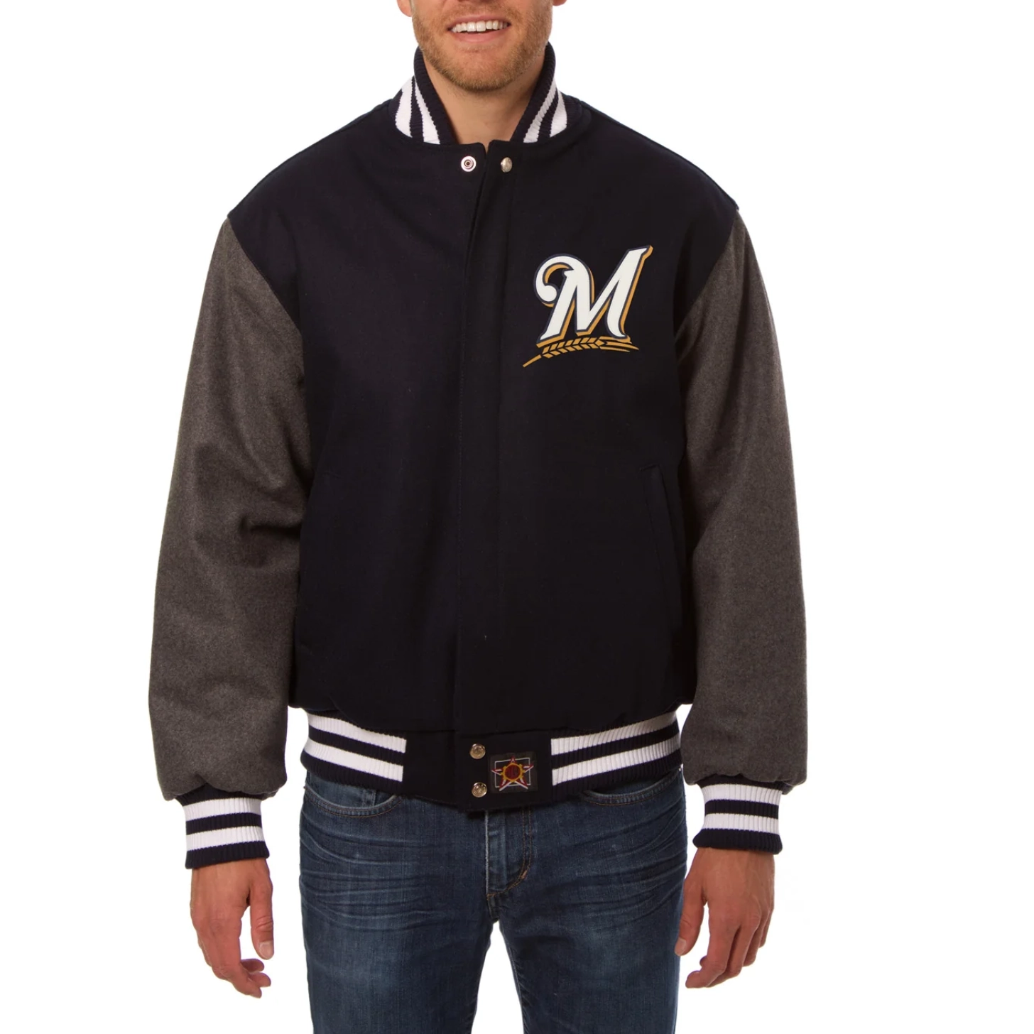 Milwaukee brewers two tone handcrafted logo wool jacket black gray 1