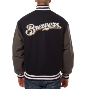 Milwaukee brewers two tone handcrafted logo wool jacket black gray 2
