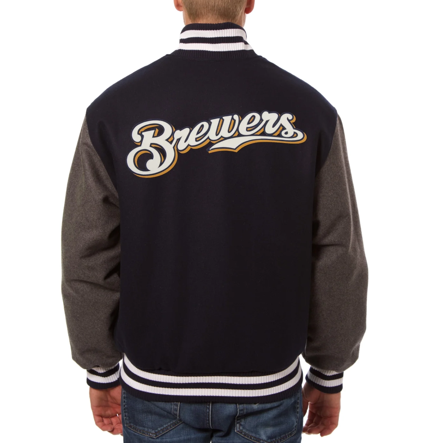 Milwaukee brewers two tone handcrafted logo wool jacket black gray 2