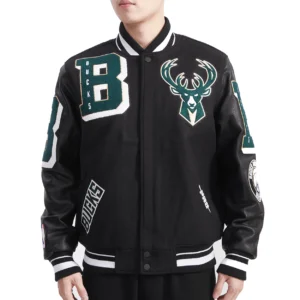 Milwaukee bucks mashup rib wool leather varsity jacket black