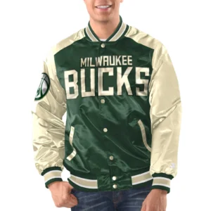 Milwaukee bucks renegade satin varsity jacket green cream 1