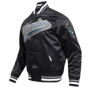 Milwaukee bucks script tail full snap satin varsity jacket black 5