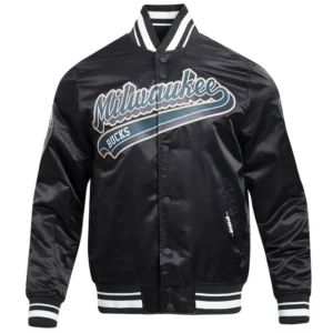 Milwaukee bucks script tail full snap satin varsity jacket black 6