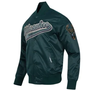 Milwaukee bucks script tail full snap satin varsity jacket green 5
