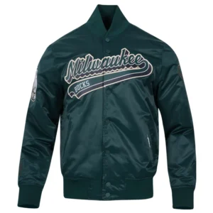 Milwaukee bucks script tail full snap satin varsity jacket green 6