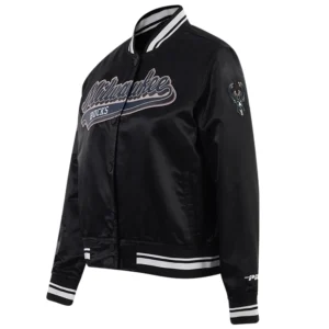 Milwaukee bucks script tail womens full snap satin varsity jacket black 5